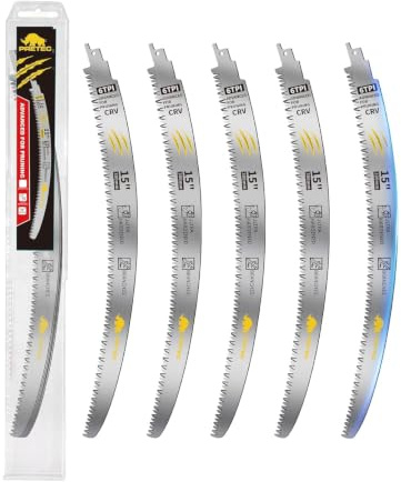 Reciprocating Saw Blades for Wood Pruning, 380mm Curved 6TPI, 5 Pack | Japanese Teeth, Heat-Treated CR-V Steel, Fast Chip Removal, Reduced Binding, Clean Cuts in Green & Wet Wood, Storage Case