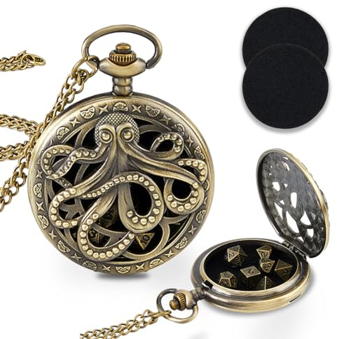 SUPERFINDINGS 1 Stück Mini DND Würfelset Antike Bronze Oktopus Mechanische Taschenmedaillon Anhänger Halskette Mit 7 Stück Würfeln Rollenbrettspiel Zubehör Für Weihnachts Und Geburtstagsgeschenke