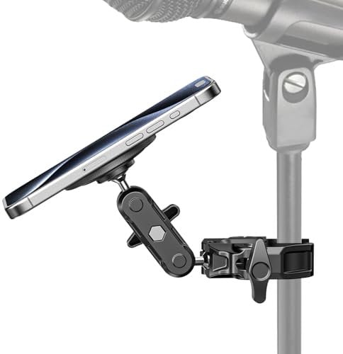 Mic Stand Phone Holder Aluminum Compatible with Magsafe iPhone 17/16/15/14/13/12 Plus Pro Max Series, Side Mount Cellphone Music Holder for Microphone, 360° Swivel Tilt Adjustable Mic Phone Mount