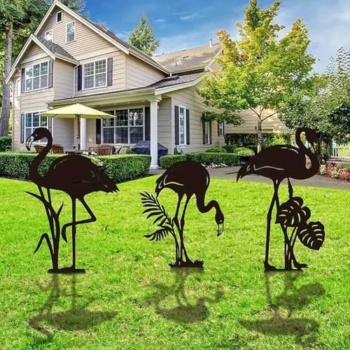 GZDDYUMYJX Metall Flamingo Dekor für draußen,3 Stück Schwarze Flamingo Silhouette Statuen Garten Dekor für draußen, Outdoor Dekor, Garten Kunst, Rasen Ornamente, Geschenke