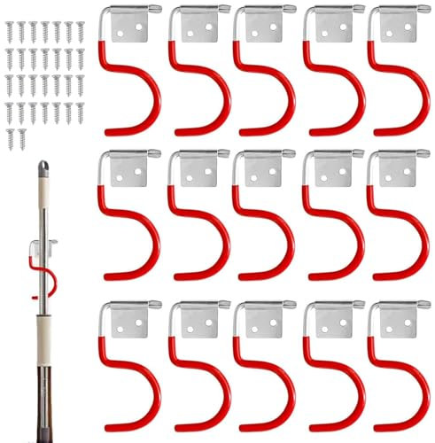 CAAGGMM Gartengerätehalter Metallhaken, 15 Stück Werkzeughalter Metallhaken, Werkzeughalterhaken mit 30 Schrauben Zubehör, Gartengeräte Aufhängung, für Besen, Garten, Garage, Küche(Rot, Silber)