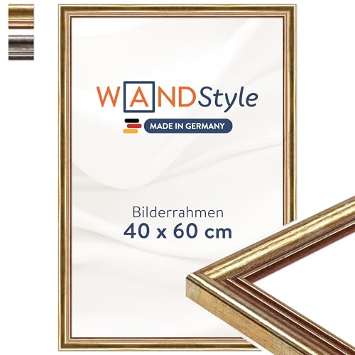 WANDStyle goldener Bilderrahmen 40x60 Holz, Bilderrahmen Gold Vintage | Hochwertiger Holzbilderrahmen Antik, Posterrahmen zum Aufhängen, Rahmen 60x40 cm, Fotorahmen H400 Made in Germany