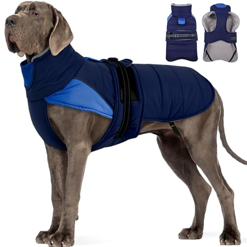 MIGOHI Thermal Large Dog Fleece Jacket - Rainproof Coat for Large Dogs, Thick Dog Winter Coat,Snow Jacket for Dogs Windproof for Hunting Camping,Windy Chilly Days,Doberman,Great Dane,3XL,DarkBlue