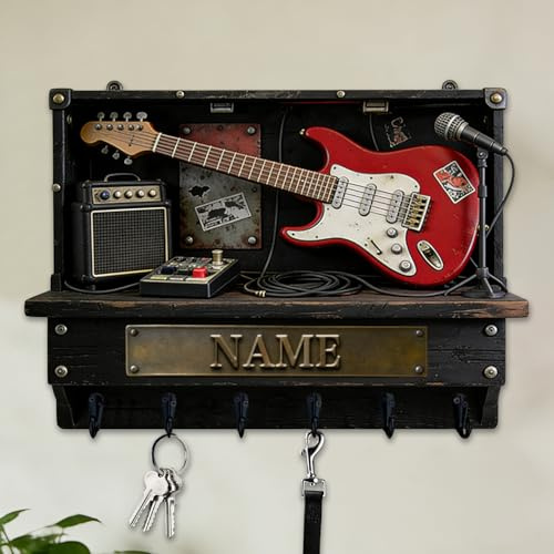 Ayorior 2D-Druck Personalisierte Gitarre Musik Thema Wandhaken Schlüsselhalter, benutzerdefinierte Name Gitarre Schlüsselhalter Rack für Wand montierte Hanger Schlafzimmer Home Dekoratives Geschenk