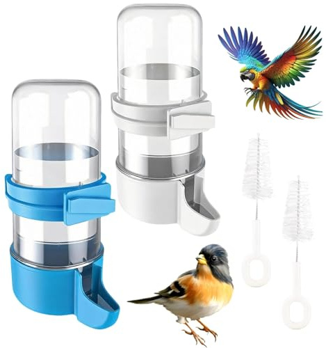 4Pcs Automatic Bird Water Feeder, 240ml Dispenser with Brushes | Plastic & Brush for Cockatiel/Budgie, Parakeet/Lovebirds/Parrot/Hamster, Cage Accessories (White&Blue)
