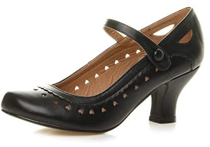 AJVANI Womens Ladies mid Heel Cut Out Heart Vintage Mary Jane Strap pin up 50s 60s Court Shoes Size