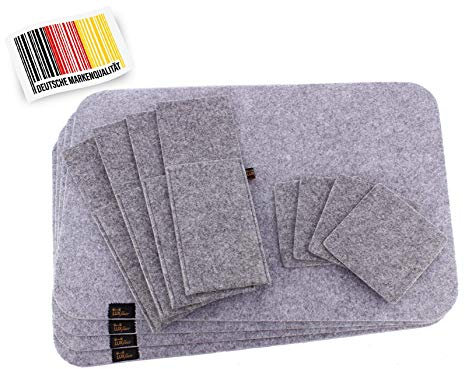 Edles Filz Platzset für 4 Personen, 12-TLG. in Graumeliert. Waschbares Tischset inkl. Platzmatten, Glasuntersetzer, Bestecktaschen