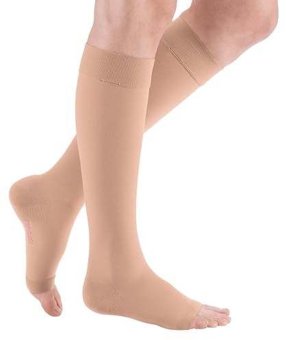 medi mediven plus Kompressions Kniestrümpfe Unisex | Medizinische Kompressionsstrümpfe CCL2 für Damen und Herren | Caramel | Größe VI | offene Spitze | kurz