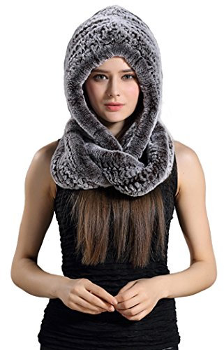 BeFur Dicke Flauschige Fellmütze Echte Rex Kaninchen Fell Schal Stricke Kapuze Kapuzenschal- color 11