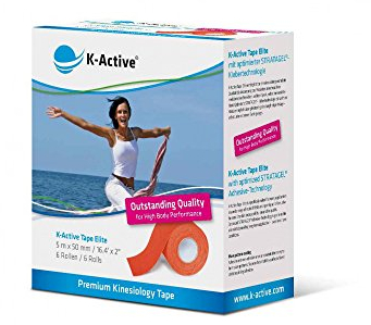 K-Active Kinesiologie Tape Elite ORANGE, mit STRATAGEL® PLUS Klebertechnologie, wasserabweisend und hypoallergen, 50 mm x 5 m, 6 Rollen