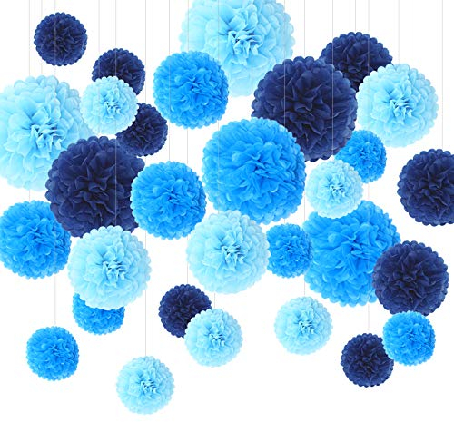Himeland 30er PomPoms Set, Tissue PomPon Papierblume Kit, handgefertigt Hochzeit/Partei/Feier/ Baby Shower Dekoration Blau