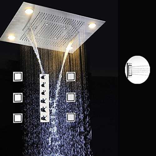 GOWE 5 Way LED Electric Shower Recessed Ceiling Rain Shower Head Rainfall,Waterfall,Curtain,Misty Shower With Thermostat Faucet Mixer