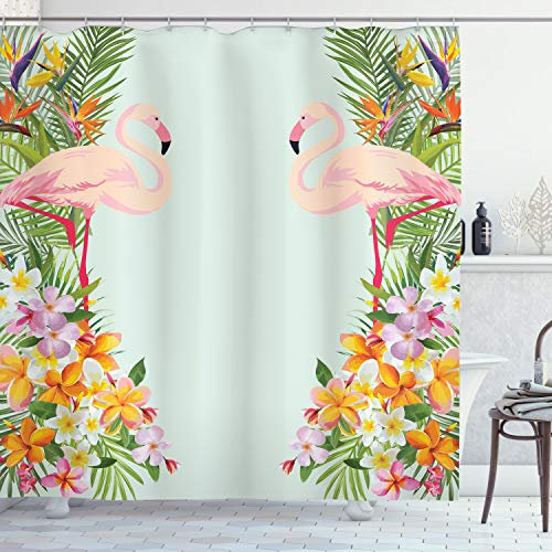 ABAKUHAUS Floral Rideau de Douche, Tropic Animaux Fleurs, Tissu Ensemble de Décor de Salle de Bain avec Crochets, 175 cm x 200 cm, Bébé Bleu et Orange
