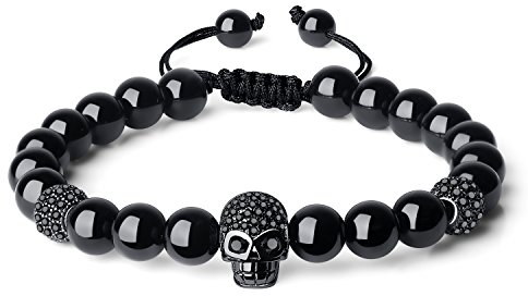 COAI Geschenkideen Glücksarmband Shambala aus Schörl Schwarzer Turmalin mit Pavé-Inspiration und CZ Kristall Totenkopf für Damen und Herren