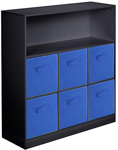 URBNLIVING Wooden Wide 7 Cubed Cupboard Bookcase Storage Units Shelves 6 Drawers Baskets (Dark Blue Drawer, Black Bookcase)