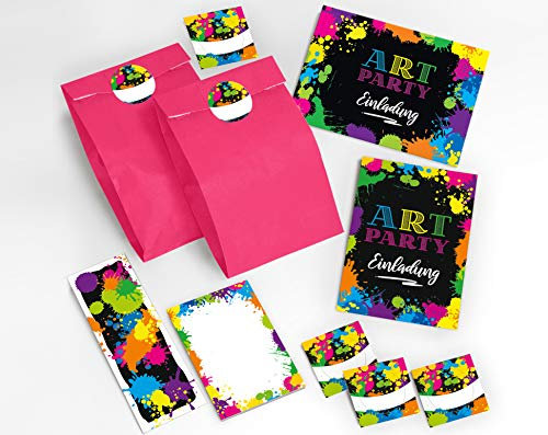 JuNa-Experten 12 Einladungskarten Kindergeburtstag Art-Party Basteln incl. 12 Umschläge, 12 Tüten/rosa, 12 Aufkleber, 12 Lesezeichen, 12 Blöcke