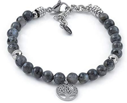 10:10 Bracciale in acciaio inox e pietre naturali da 6 mm, charms albero della vita e beads in acciaio, prodotto realizzato in Italia (Labradorite)
