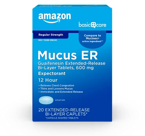 Amazon Basic Care Guaifenesin Extended-Release Tablets, 600 mg, 12 Hour Expectorant for Chest Congestion and Mucus Relief, 20 Count