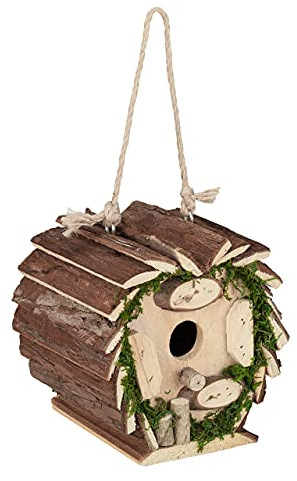 Relaxdays Casetta per Uccelli, in Legno Non Trattato, HLP: 17x16x14 cm, Muschio e Corteccia, Casa e Giardino, Naturale, 17 x 16 x 14 cm