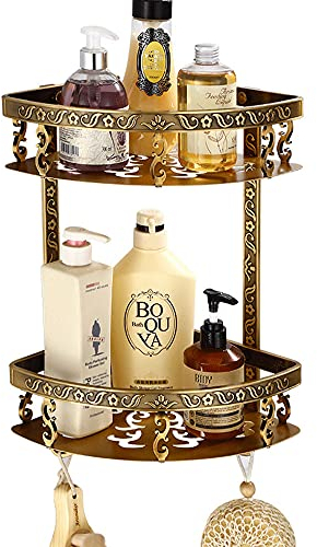 ImyHok Duschablage Ecke Aufbewahrung Shampoo 2 Schicht Duschkörbe Eckregal Dusche Badezimmer Zubehör Aluminium Duscheckregal Wand zum Bohren Duschhalterung Eckbadregal Badzubehör, Antik Bronze