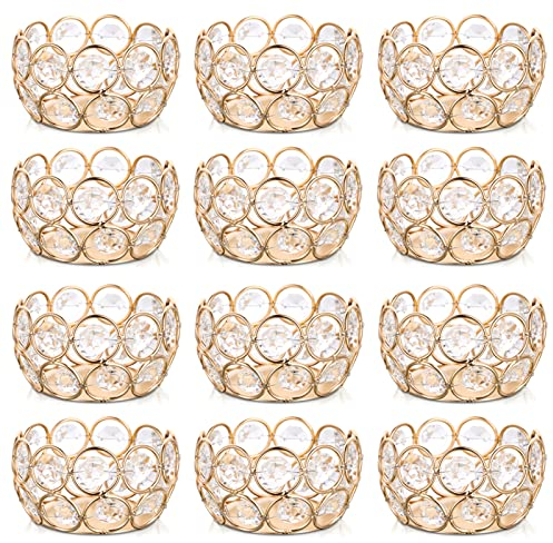 Sziqiqi Kristall Teelichthalter 12er Set, Ramadan Kerzenständer Glas Teelicht Kerzenhalter für Esstisch Deko Hochzeit Geburtstag Party, 8cm, Gold Metall Rand