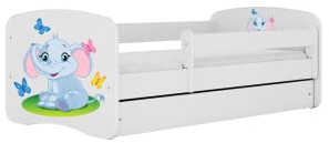 Babybett 70 x 140 cm, Weiß mit Schublade, inkl. Matratze, Elefantenmotiv