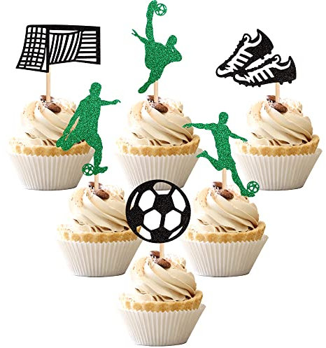 Xsstarmi 24 Pack Soccer Cupcake Toppers Glitter Sports Theme Football Cupcake Picks Baby Show Cake Decorations for Soccer Theme Kids Football Game Player Birthday Party Black Green
