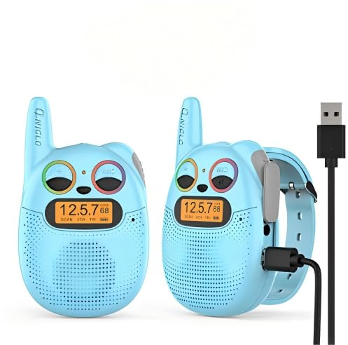 QNIGLO Walkie Talkie Kinder Aufladbar mit FM, 2-5km Reichweite, funkelnden LED-Augen, tragbarer Uhr, Walkie Talkie Spielzeug für Kinder (Blau, 2 Pack)