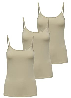 ONLY Damen 3er-Pack Basic Spaghetti-Träger Top Oberteil schmale Träger Shirt, Größe:M, Farbe:3er Beige