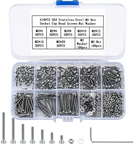 Set da 410 viti esagonali M2, viti a testa cilindrica in acciaio inox 304 con dado e rondelle assortite, incluso chiavi a brugola