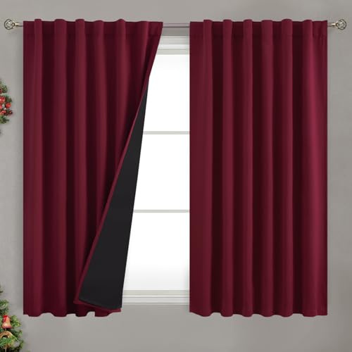 BGment Rote Verdunkelungsvorhänge, 114 cm lang, mit Wärmedämmung, Weihnachts-Verdunkelungsvorhänge, Stangentasche, Rücklasche, Raumverdunkelung, Fenstervorhang für Schlafzimmer, 132 x 114 cm, 2