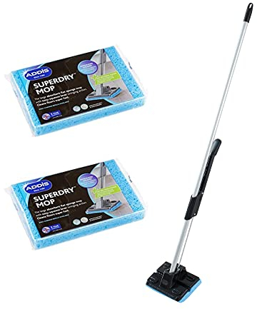 Addis Superdry Sponge Floor Mop with built in self wringing handle & 2 Spare Replacement Refill Sponges, Black Metallic