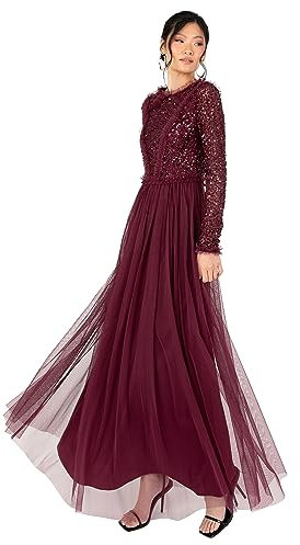 Maya Deluxe Women's Maxi Dress Ladies Crew Neck Long Sleeve Sequin Embellished Tulle Ruffle for Wedding Guest Bridesmaid Ball Gown, Red Berry, 8