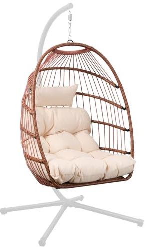 Goutime Silla colgante de huevo con cojín resistente a los rayos UV, silla plegable de 330 libras de capacidad para interiores y exteriores, jardín (marrón rojizo sin soporte)