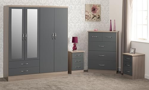 Seconique Nevada 4 Door 2 Drawer Mirrored Wardrobe Bedroom Set in Grey Gloss/Light Oak Effect Veneer