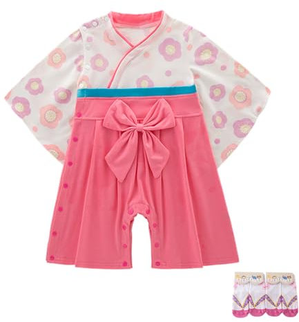YOOCHUENG Body Neonato Tuta Kimono con Pagliaccetto Manica Lunga Kimono Giapponese per Neonati Cotone per Bambini Salopette per Bambine con 2 Paia di Calzini,Rosa,90(Adatto a 18-24M)