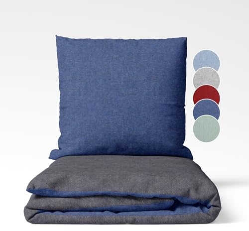sleepling Biber Bettwäsche, Feinbiber 155 x 220 cm, Wendebettwäsche dunkelgrau-dunkelblau, 1 Bettbezug und 1 Kissenbezug 80 x 80 cm, Ökotex, waschbar bis 60 Grad