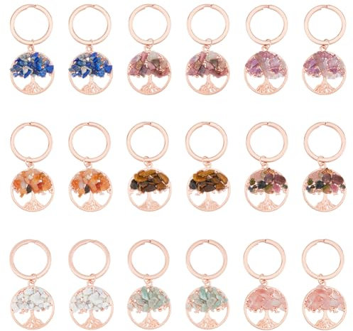 SUPERFINDINGS 18pz 9 colori Albero Della Vita Portachiavi Pietra Preziosa Portachiavi Oro Rosa Pietra di Cristallo Naturale Piatto Fatto A Mano Portachiavi Fascino Portachiavi Divisi per Portafortuna