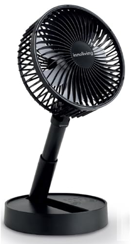 Innoliving Ventilatore Pieghevole Ricaricabile Senza Fili,Altezza Regolabile, 3 Velocità, Angolo 90°, Batteria Litio 1800mAh, Ricarica USB, Portatile, Conveniente (Nero, 15 cm Pieghevole)