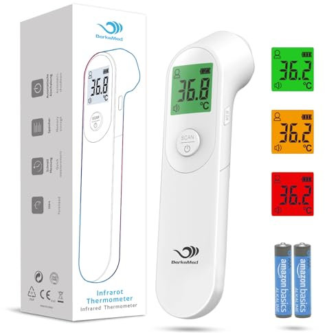 BerkeMed Fieberthermometer Kontaktlos für Babys, Kinder und Erwachsene, Infrarot-Stirnthermometer LCD-Anzeige und 20 peicherabruf, hohe Genauigkeit und Fieberalarm (Weiß)