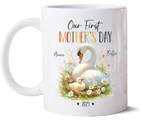 Taza de cisne, taza de cerámica personalizada para mamá y bebé, taza personalizada para mamá por primera vez, tazas para el primer día de la madre, regalos personalizados para amantes de los cisnes,