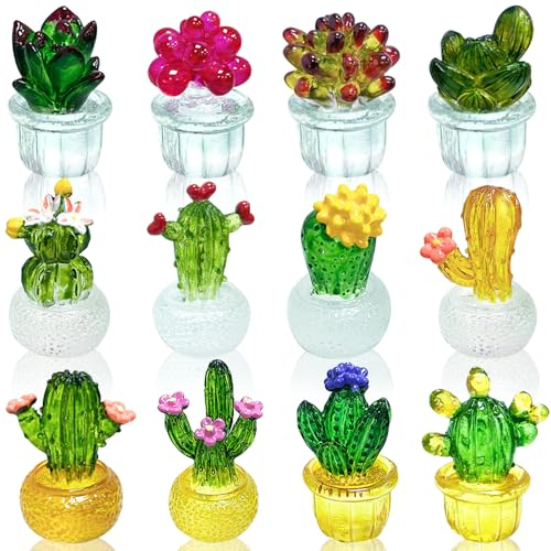Yajuo 12 statuette in resina di cactus in vetro soffiato decorazione carino figurine cactus decorazione figurine in miniatura resina piante in vetro colorato fiori di vetro accessori auto figurine di