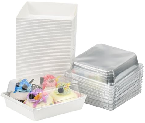 KITERI 50 Pcs Cake Slice Boxes with Clear Lids, 4.7'' Paper Charcuterie Box Oil-Proof Dessert Boxe Square Cookie Containers Takeaway Boxes Individual Cake Boxes for Portions Cupcakes,White