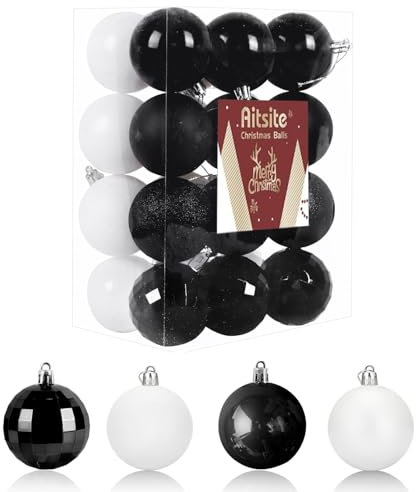 Aitsite Christmas Baubles, 24 Pcs Xmas Baubles, 6cm Hanging Christmas Balls, Shatterproof, White/Black