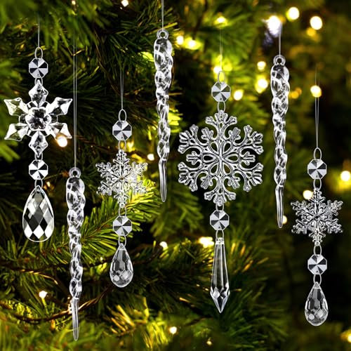 Kiiwah 12 Stück Kristall Schneeflocken Ornament Set, Acryl Christbaumschmuck Eiszapfen Eistropfen, Weihnachtsbaumschmuck Anhänger für Weihnachten Party Hochzeit Winterdeko