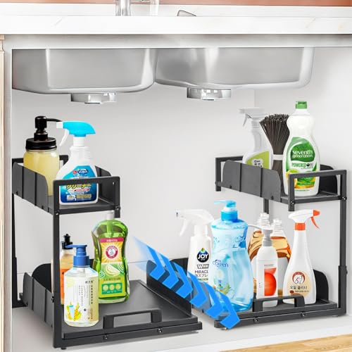 fusehome 2 Pack Under Sink Organizer, 2 Tier Metal Pull Out Cabinet Sink Shelf for Bathroom, Kitchen Undersink Organizers and Storage Shelves with Sliding Drawer, Cleaning Supplies Organizer, Black
