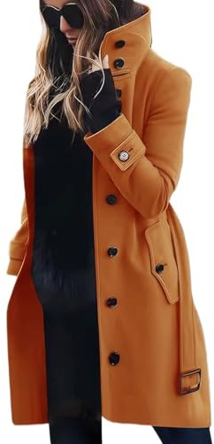 Wintermantel Damen Lang Wolle Damenmantel Elegant Wollmantel Winter Trenchcoat Stehkragen Winterjacke Warm Mantel Wintercoat Mit Knöpfen Tweed Jacke Frauen Einfarbig Outwear Mit Gürtel
