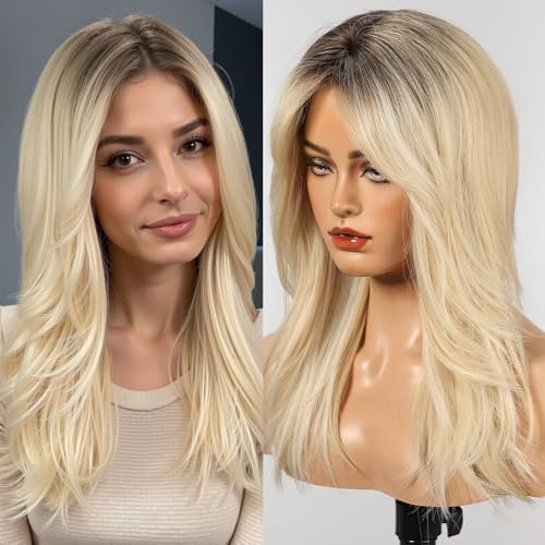WOKESTAR Natürliche Lange Perücken für Frauen mit Fransen Synthetisches Hitzebeständiges Haar Blonde Perücke für Tägliche Party Cosplay Verwendung