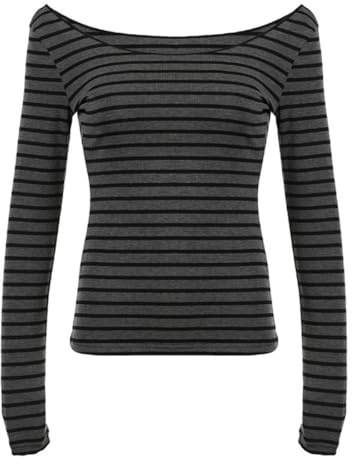 SamHeng Women's Off The Shoulder Striped Long Sleeve Casual Loose Blouses, Sexy Basic Slim Fitted Tops, Stretchy Going Out Pullover Crop Tops for Work Daily Life