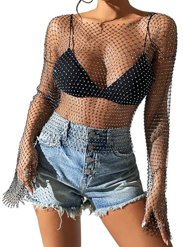 Women Sexy Mesh Tops Long Sleeves Glitter Tank Top Dress Rhinestone Fishnet Club Dress See Through Shirt Crop Top Lingerie Smock Mini Skirt Nightgown for Party Outfits Valentine (Style C, One Size)